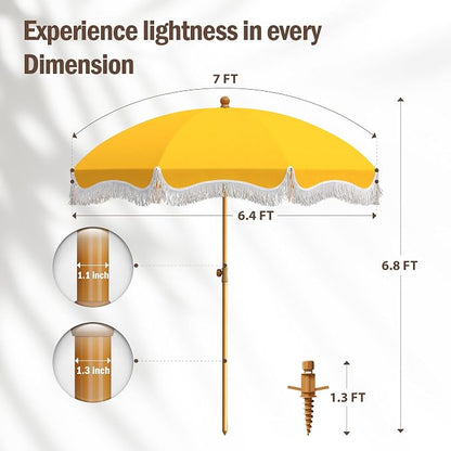 HERA'S PALACE 7 ft Heavy Duty Beach Umbrella with Sand Anchor, Fringe Umbrella for Sand, UV 50+, Patio Umbrella with Tilt Pole for Garden Pool Backyard
