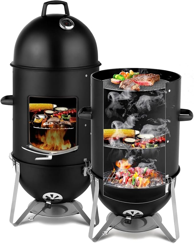 Vertical Steel Charcoal Smoker, Heavy Duty 3 Layer Round BBQ Grill, Outdoor Grill Cooker, Outdoor Camping Grill, Backyard Barbeque Grill for Outdoor Cooking, Black