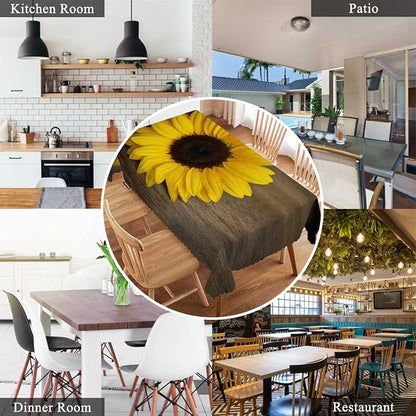 Swono Sunflower Table Cloth Rectangle Tables Retro Garden Autumn Sunflower On Wooden Kitchen Table Cover Oblong 52"X70" Tablecloth for Dining Table Buffet Parties Patio and Camping