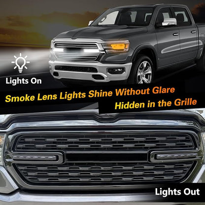 FUSCH Pair of LED Front Grill Lights Compatible with Dodge Ram 1500 Big Horn Laramie Tradesman 2019-2024, Exterior Grille Trim Lamp with Wiring Harness, Radiator Grille Light White - Smoked Lens
