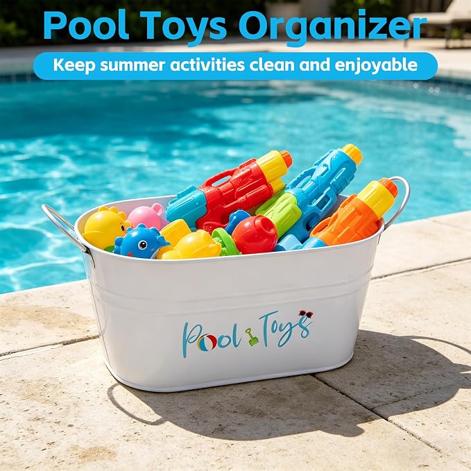 2 Pack Pool Toy Storage Bucket, Metal Poolside Toy Storage Bucket with Handles, Outdoor Summer Storage Box, Above Ground Pool Bin for Goggles Towels Swimming Camping Beach Accessories Decor (White)