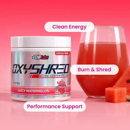 EHP Labs OxyShred Pre Workout Powder - Juicy Watermelon, 33 Servings | Supports Energy, Focus and Endurance with Acetyl L Carnitine and L Glutamine, Thermogenic Formula, Sugar Free, Zero Jitters