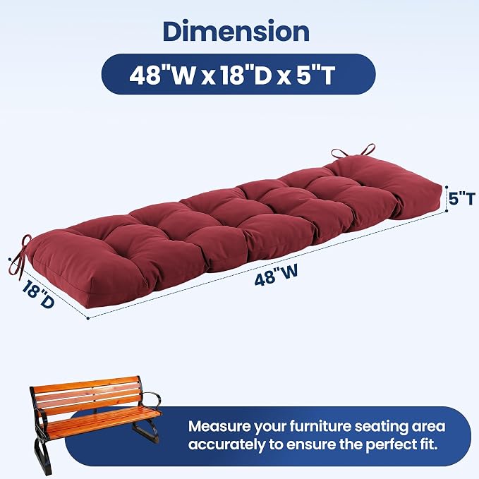 IASEAHK Outdoor Bench Cushion 48x18x5 Inch, Waterproof & Fade-Resistant Patio Furniture Cushions, Tufted Memory Foam Indoor/Outdoor Cushions for Couch Swing with Non-Slip Backing & Straps, Burgundy