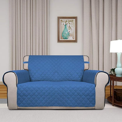 PureFit Reversible Quilted Sofa Cover, Water Resistant Medium Slipcover Furniture Protector, Washable Couch Cover with Non Slip Foam and Elastic Straps for Kids, Dogs, Pets (Loveseat, Blue/Ivory) | Blue/Ivory, Water Resistant Couch Protector, Washable ...