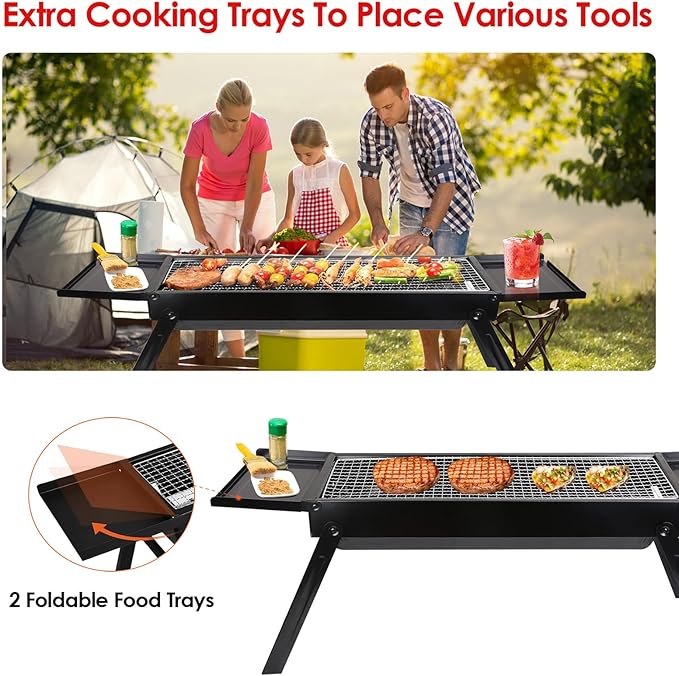 KOCASO Foldable Charcoal BBQ Grill with Shelf & Stainless Steel Grill Net - Easy Setup Portable Tabletop Barbecue Grill for Camping, Picnic, Outdoor Party, Backyard, Hiking, Traveling