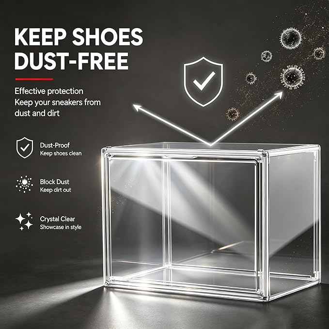 12 Pack Clear High-Top Sneaker Storage Boxes, Acrylic Shoe Organizer | Extra height 10.6'' for high-top sneakers & athletic footwear Size 11.Stackable display design keeps collections organized