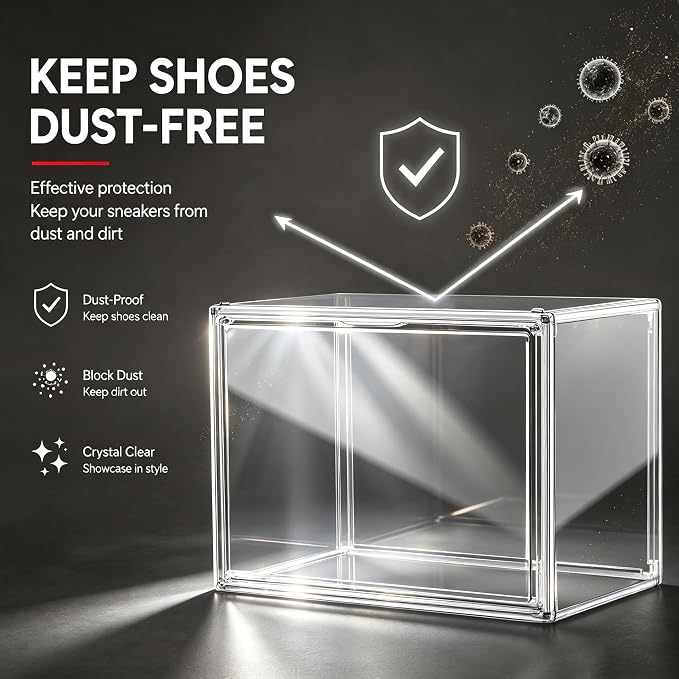 10 Pack Clear High-Top Sneaker Storage Box, Acrylic Shoe Organizer | Extra height 10.6'' for high-top sneakers & athletic footwear Size 11. Stackable display design keeps collections organized
