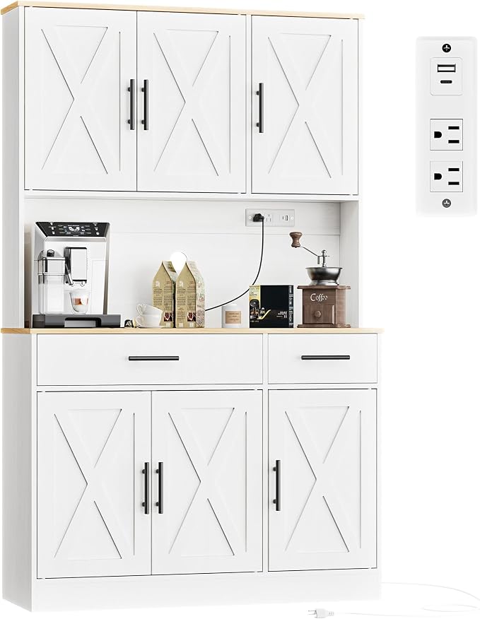 Shintenchi Pantry Cabinet with Charging Station, 70” Tall Kitchen Storage Cabinet with Microwave Stand, Storage Drawers & Adjustable Shelves, Large Capacity Kitchen Hutch for Dining Room, White