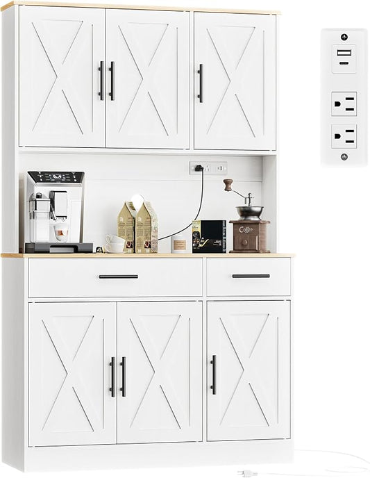 Shintenchi Pantry Cabinet with Charging Station, 70” Tall Kitchen Storage Cabinet with Microwave Stand, Storage Drawers & Adjustable Shelves, Large Capacity Kitchen Hutch for Dining Room, White