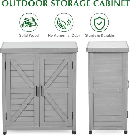 Outdoor Storage Cabinet & Potting Bench Table with Metal Top, Wooden Patio Furniture, Garden Workstation (Classic Grey, 36x31x17in)