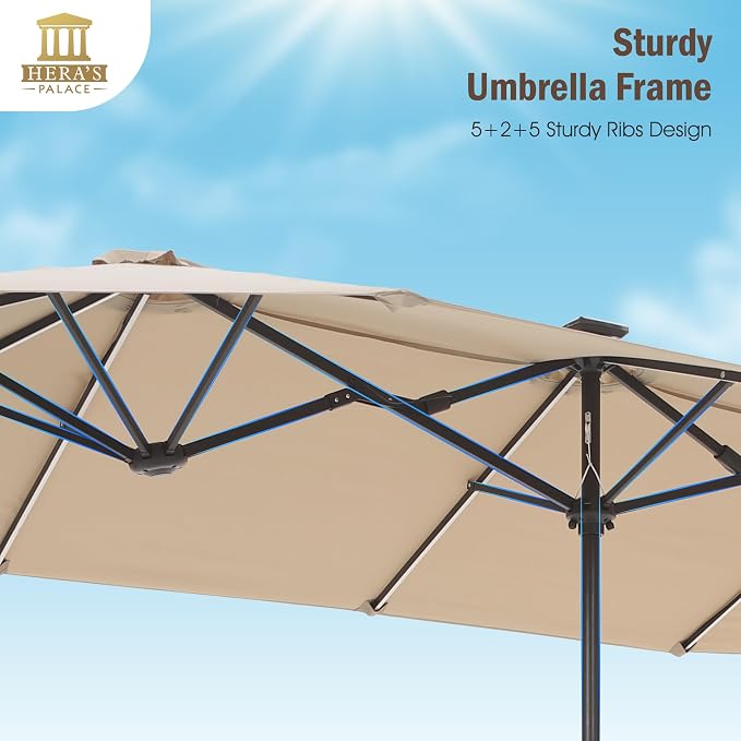 HERA'S PALACE 13 ft Patio Umbrella with 120 LED Solar Lights Double Sided Outdoor Umbrella for Patio 8 Colors Changing Table Umbrella Outdoor Patio for Garden Pool