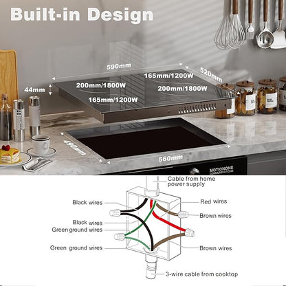 Hobsir 24 Inch Electric Cooktop 4 Burner 6000W, 24" Radiant Electric Stove Top, Built-in Ceramic Stove Top with Sliding Control, Timer, Safety Lock, 9 Power Levels, 220V-240V Hard Wire (No Plug)