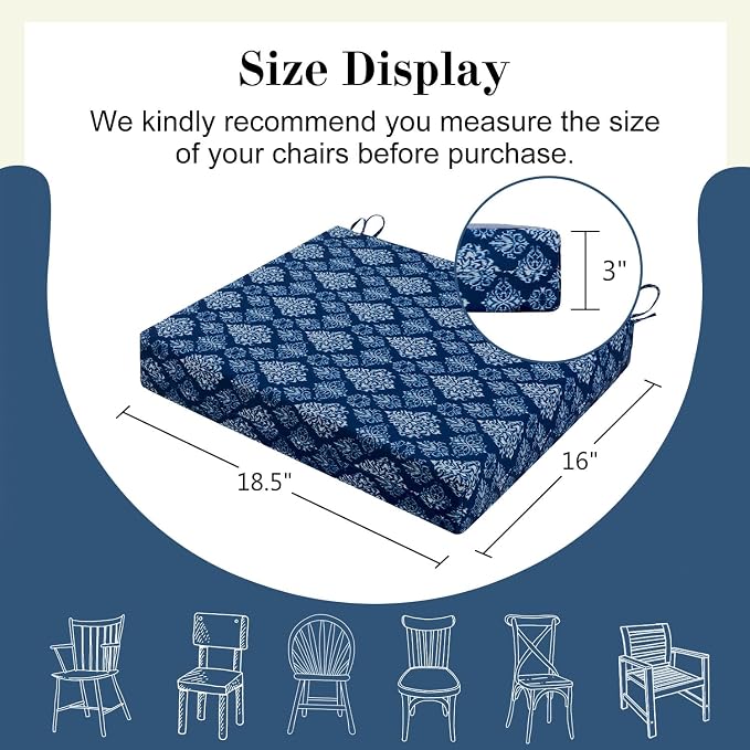 Cozyide Outdoor Chair Cushions, Waterproof Patio Seat Cushions with Adjustable Straps, Square Corner Patio Chair Cushions for Garden, Indigo Badge, 18.5x16x3 Inch (Pack of 4)