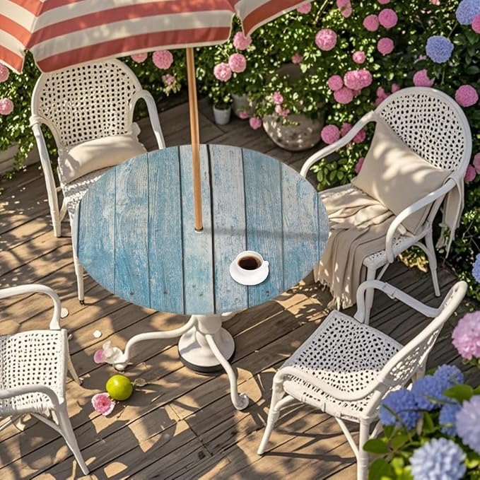 Outdoor Round Tablecloth with Umbrella Hole, Blue Wooden Fitted Table Cloth with Elastic 45"-56" Waterproof Oil-Proof Circle Patio Table Cover for Picnic Camping Party