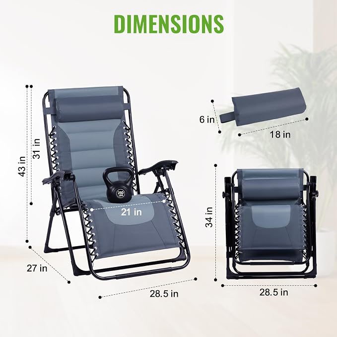 Backyard Expressions Deluxe XL Padded Recliner Zero Gravity Chair – Ergonomic Anti-Gravity Lounger with Folding Design, Side Tray, and Adjustable Headrest