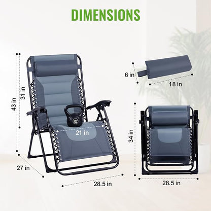 Backyard Expressions Deluxe XL Padded Recliner Zero Gravity Chair – Ergonomic Anti-Gravity Lounger with Folding Design, Side Tray, and Adjustable Headrest
