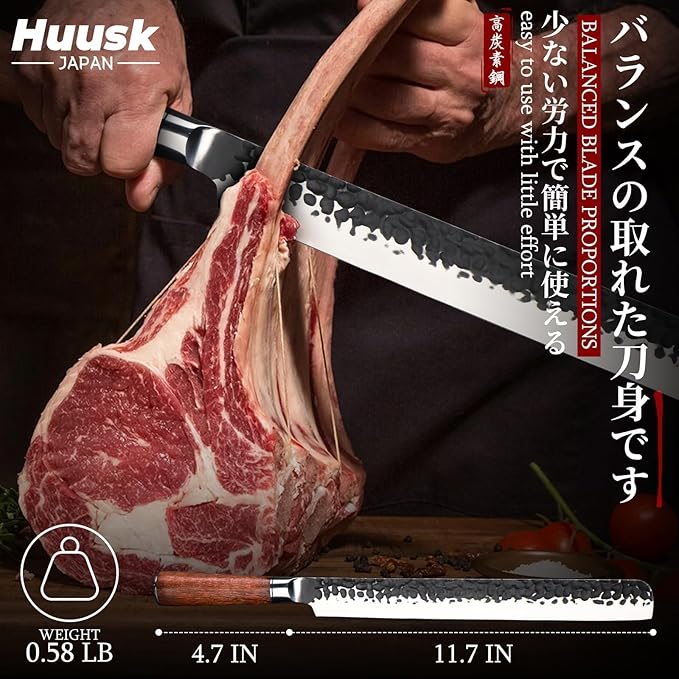 Huusk Japanese Carving Knife - 11" Brisket Slicing Knife for Meat Cutting Made by High Carbon Steel, Hand Forged Ultra Sharp BBQ Knives for Meat Grilling Roast, Gift Idea for Men Dad Smoker
