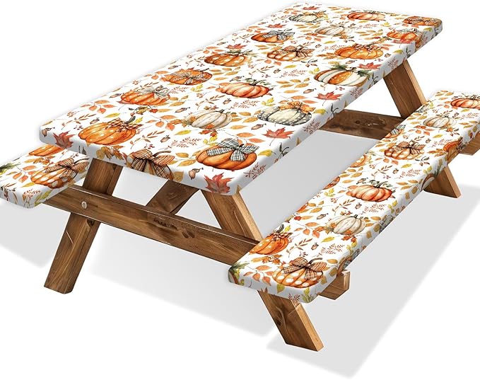 Waterproof Picnic Table Cover with Bench Covers, 3 Piece Set Fall Pumpkin Thanksgiving Tablecloth for 6ft Picnic Tables, Windproof Reusable Elastic Outdoor Patio Dining Cover for Camping, 30x60 Inch