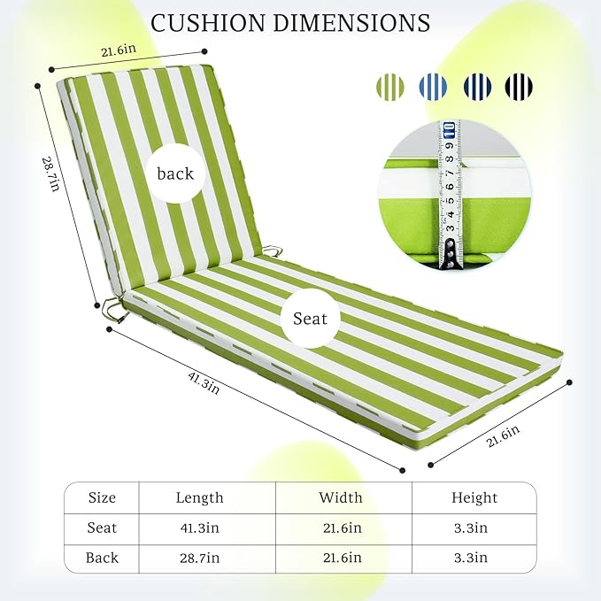 Chaise Lounge Cushions Outdoor, 72"x22"x3" Patio Lounge Chair Furniture Cushions with Washable Covers for Pool, Patio, Lawn (Green+White Stripes, 1 Pcs)