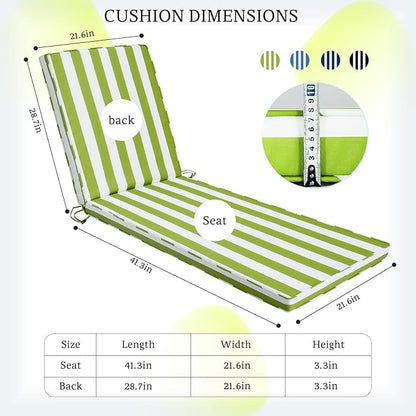 Chaise Lounge Cushions Outdoor, 72"x22"x3" Patio Lounge Chair Furniture Cushions with Washable Covers for Pool, Patio, Lawn (Green+White Stripes, 1 Pcs)