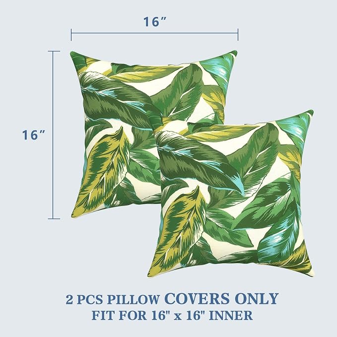 LVTXIII 2 Pack Outdoor Throw Pillow Covers for Patio Furniture, 16x16 Inch Square Pillow Case, Water-Repellent Cushion Covers for Garden, Porch, Sofa, Lush Leaf Jungle