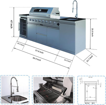 96-Inch 6-Burner Propane Gas Outdoor Grill Island, 85000 BTU 304 SS BBQ with Wine Cooler, Rotisserie, Granite Countertops for Patio Backyard, Silver