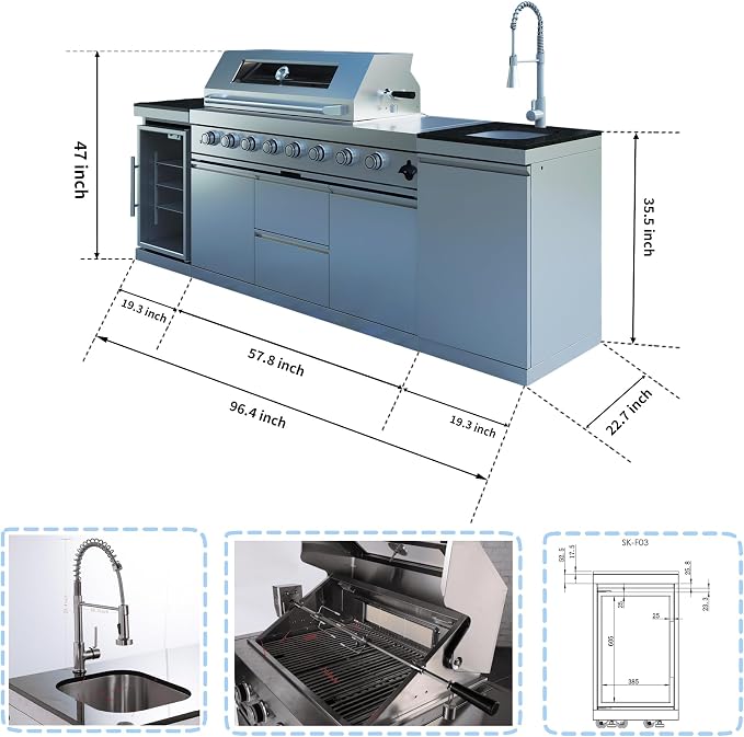 96" Modular Outdoor Kitchen Island with Grill and Side Burner, 6-Burner 85,000 BTU Propane BBQ Island, Refrigerator, Sink & Rotisserie, for Backyard and Patio Cooking, Silver