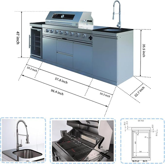 96" Modular Outdoor Kitchen Island with Grill and Side Burner, 6-Burner 85,000 BTU Propane BBQ Island, Refrigerator, Sink & Rotisserie, for Backyard and Patio Cooking, Silver