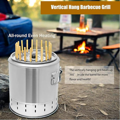 Portable Smokeless Barbecue Charcoal Barrel Grill, Stainless Steel Surround Charcoal Kebab Grill with 20 Skewers, 2-In-1 BBQ Grills for Outdoor Indoor Camping Picnics Gardens Parties