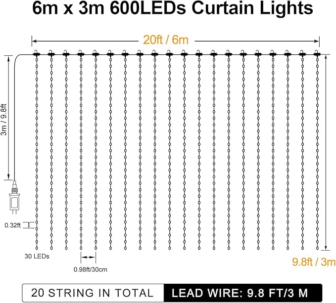 600 LED Curtain Lights 20Ftx10Ft Dual Color Changing Lights with Remote | Timer Curtain Lights Connectable Plug in Outdoor Waterproof for Bedroom Backdrop Wedding Party Decor, Warm White & Multicolor