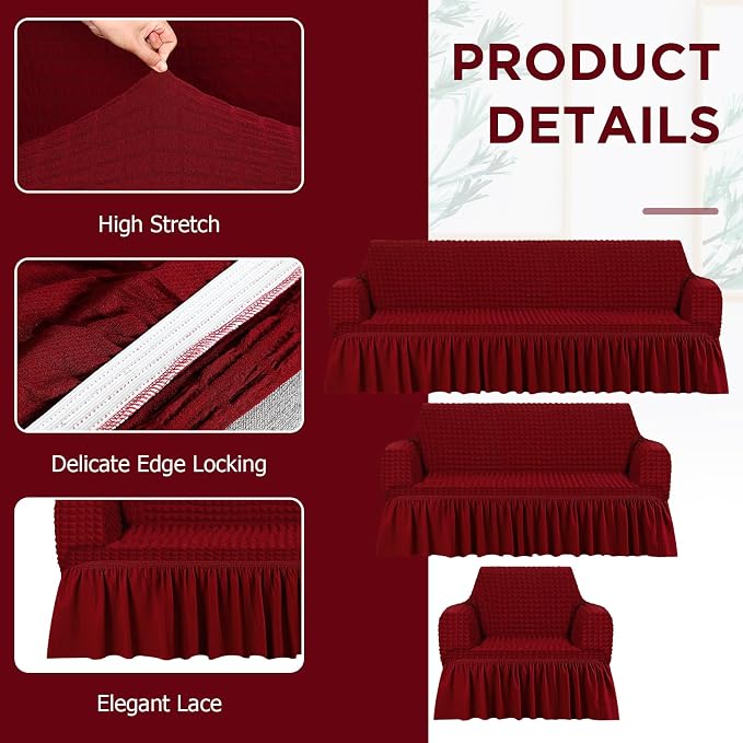 Fanfanwin 3 Pcs Sofa Slipcover Set for Couch Cushion Durable Washable High Elastic Stretchable Furniture Couch Covers with Skirt for Sofa Loveseat Arm Chair(Burgundy,Seersucker)