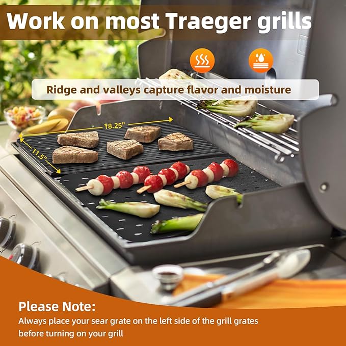 BAC772 18.25''x11.5'' Sear Grate Grill Accessory, Reversible Grill Grate Compatible with Most Grills, Aluminum Sear Grate with Non-Stick, Competition Level Sear Marks Capture Flavor and Moisture