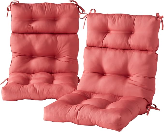 Outdoor Tufted High-Back Chair Cushions, One-Piece Hinged Seat and Back Design, Reversible with 4 Ties, Durable Polyester Fabric, Recycled Fiber Fill - Set of 2, Coral