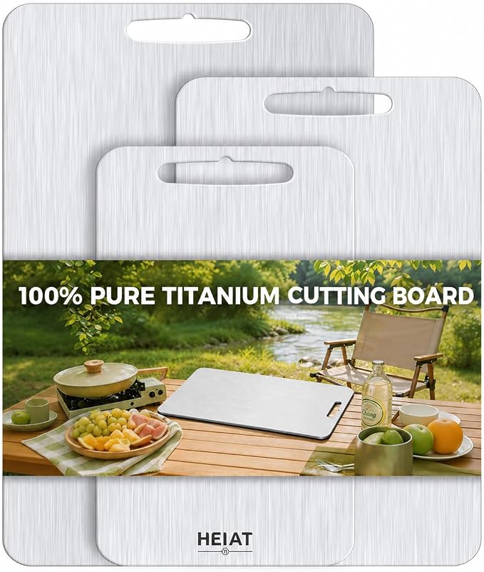 Titanium Cutting Board Set of 3, Double-Sided Kitchen Chopping Boards Highlights: Sectioned prep surface, food-grade safe material, scratch-resistant surface, easy-to-clean design, dishwasher safe