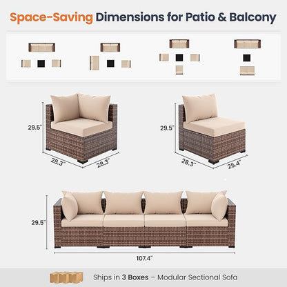 UDPATIO Patio Furniture Set with Fire Pit Table, 5 Piece Outdoor Sectional Sofas, All-Weather Wicker Conversation for Garden, Backyard, Khaki