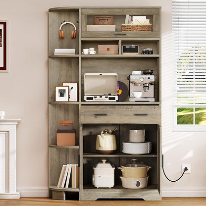 YITAHOME 67" Kitchen Hutch with Outlet, Shelves & Drawer, Antique Gray | Farmhouse Microwave Stand Buffet Coffee Bar for Living Room and Dining Room