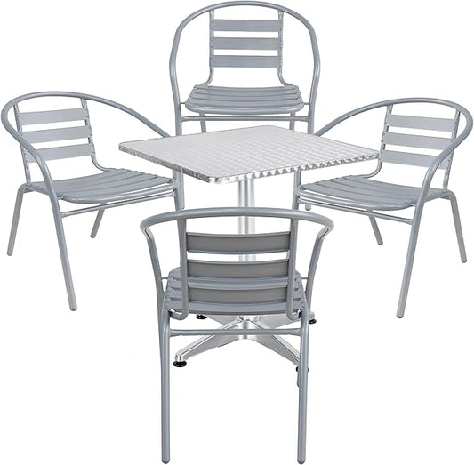BTEXPERT Gray Lightweight Indoor Outdoor 23.75" Restaurant Stainless Steel Silver Metal Aluminum Slat Stack Commercial, 4 Chairs with a Square Table