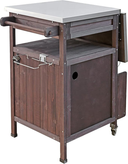 YOPTO 40.5" Outdoor Grill Cart,100% Fir Wood,Stainless Steel Top,Drop Leaf,Lockable Wheels,Towel Rack,Drawer,Rolling Kitchen Cart for Lawn & Garden,Brown
