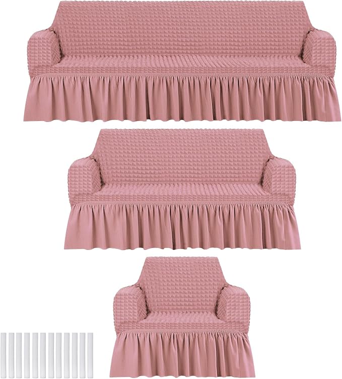 Fanfanwin 3 Pcs Sofa Slipcover Set for Couch Cushion Durable Washable High Elastic Stretchable Furniture Couch Covers with Skirt for Sofa Loveseat Arm Chair(Pink,Seersucker)