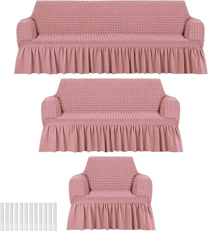 Fanfanwin 3 Pcs Sofa Slipcover Set for Couch Cushion Durable Washable High Elastic Stretchable Furniture Couch Covers with Skirt for Sofa Loveseat Arm Chair(Pink,Seersucker)