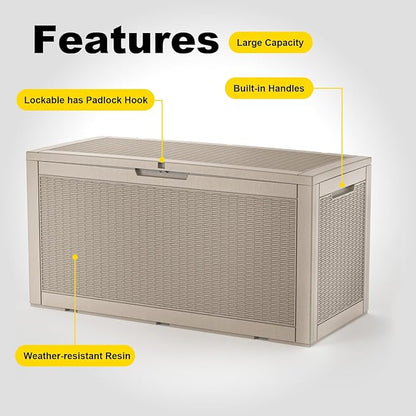 100 Gallon Outdoor Storage Box,Large Waterproof Resin Deck Box,Lockable Storage Container with Reinforced Support for Patio Cushions,Garden Tools,UV-Resistant(Grey,100Gallon)