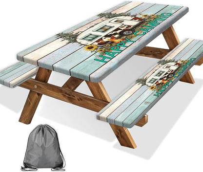 Flowers Picnic Table Cover with Bench Covers and Bag, Camping Essentials, Green Camper Wooden Grain Waterproof, Fitted Tablecloth Cover with Elastic Edge, Outdoor Table Covers, 3 PCS, 30x72 Inch