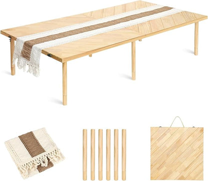 Folding Picnic Table 60x30, Low Floor Table for 6-8 | Portable fold-flat wood table with adjustable height, boho runner, mortise-tenon joints for beach, camping, parties