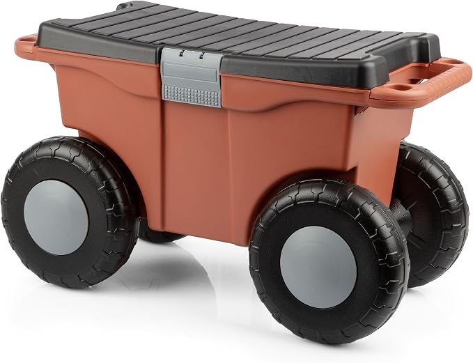 Pure Garden Rolling Garden Cart with Seat, Terracotta | Plastic Garden Bench with Tool Tray for Storage - Gardening Stool for Weeding or Planting