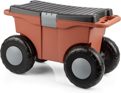 Pure Garden Rolling Garden Cart with Seat, Terracotta | Plastic Garden Bench with Tool Tray for Storage - Gardening Stool for Weeding or Planting