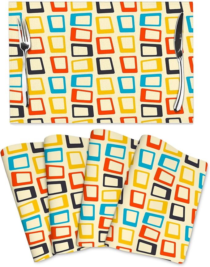 Retro Placemats Set of 4, Mid Century Modern Dining Table Place Mats | Washable Heat Resistant Table Mats for Kitchen Dinner Holiday Party Home Decor 12x18 Inch