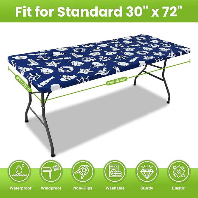 Smiry Spandex Fitted Tablecloth for 6 Foot Rectangle Tables, Washable Picnic Table Cover with Elastic, Stretch Reusable Table Cloth for Outdoor, Camping, Dining & Kitchen (Yacht, 30"x72")