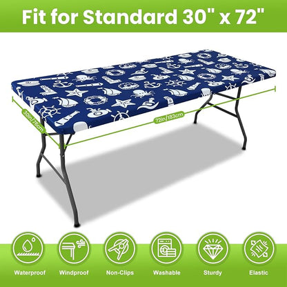 Smiry Spandex Fitted Tablecloth for 6 Foot Rectangle Tables, Washable Picnic Table Cover with Elastic, Stretch Reusable Table Cloth for Outdoor, Camping, Dining & Kitchen (Yacht, 30"x72")