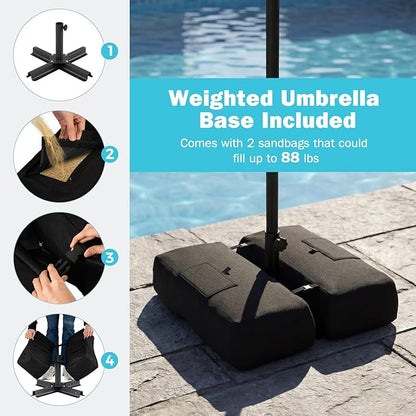 Tangkula 9 FT Patio Umbrella with Base Included, 2-Tiers Outdoor Scalloped Table Umbrella with 2 Sandbags, Tilt Adjustment, Crank, 8 Ribs for Market Backyard Pool Deck Beach Lawn