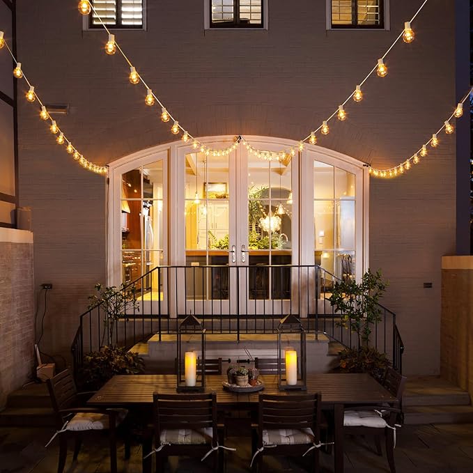 Mlambert 96Ft(2x48Ft) Solar String Lights, Outdoor Waterproof Patio Lights with 15 Shatterproof G40 Bulbs(2 Spare), Led Light for Backyard-White Wire